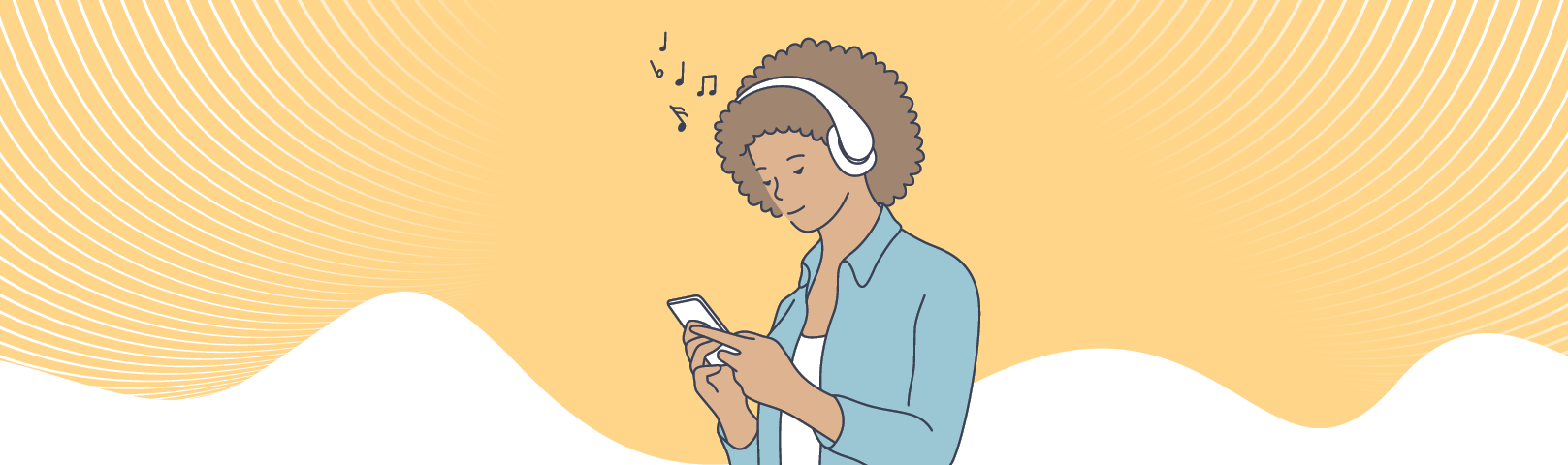 Illustration of young African American woman listening to music on her headphones while looking at her smartphone