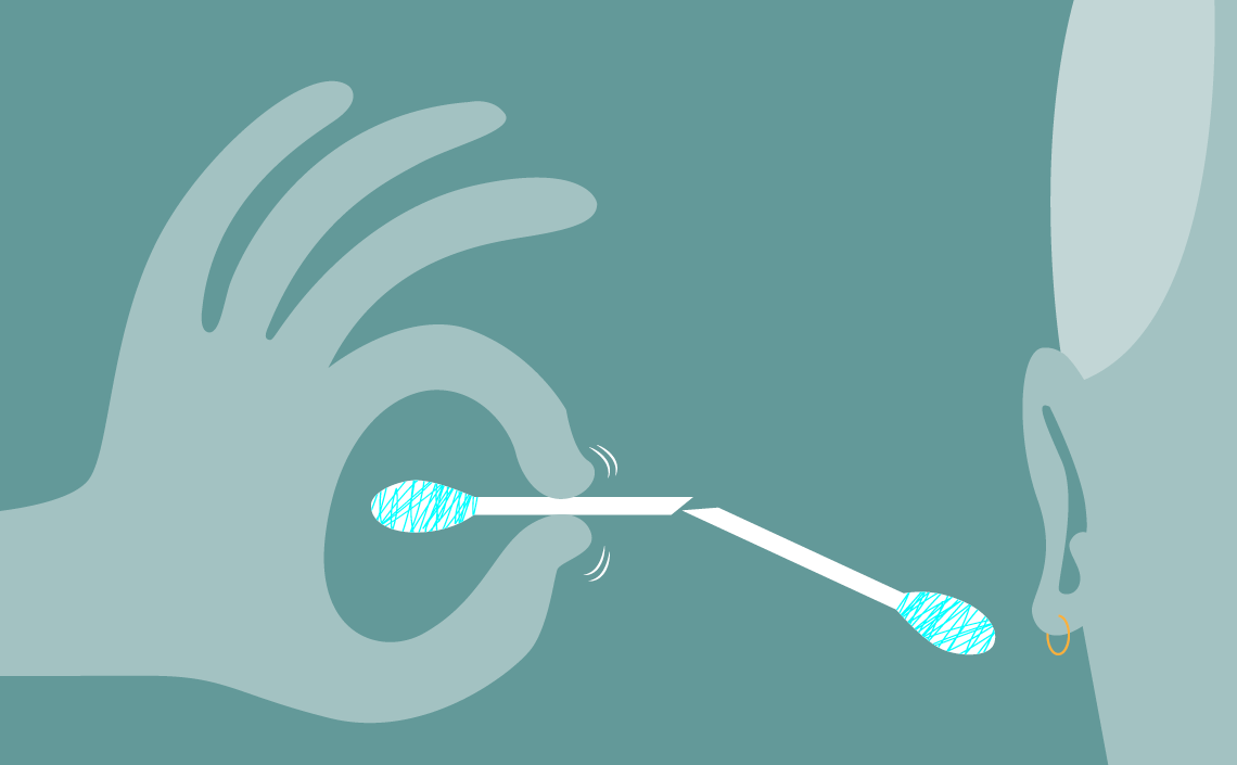 Illustration of a person holding a broken cotton swab next to their ear