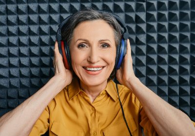 A smiling woman receiving a hearing test