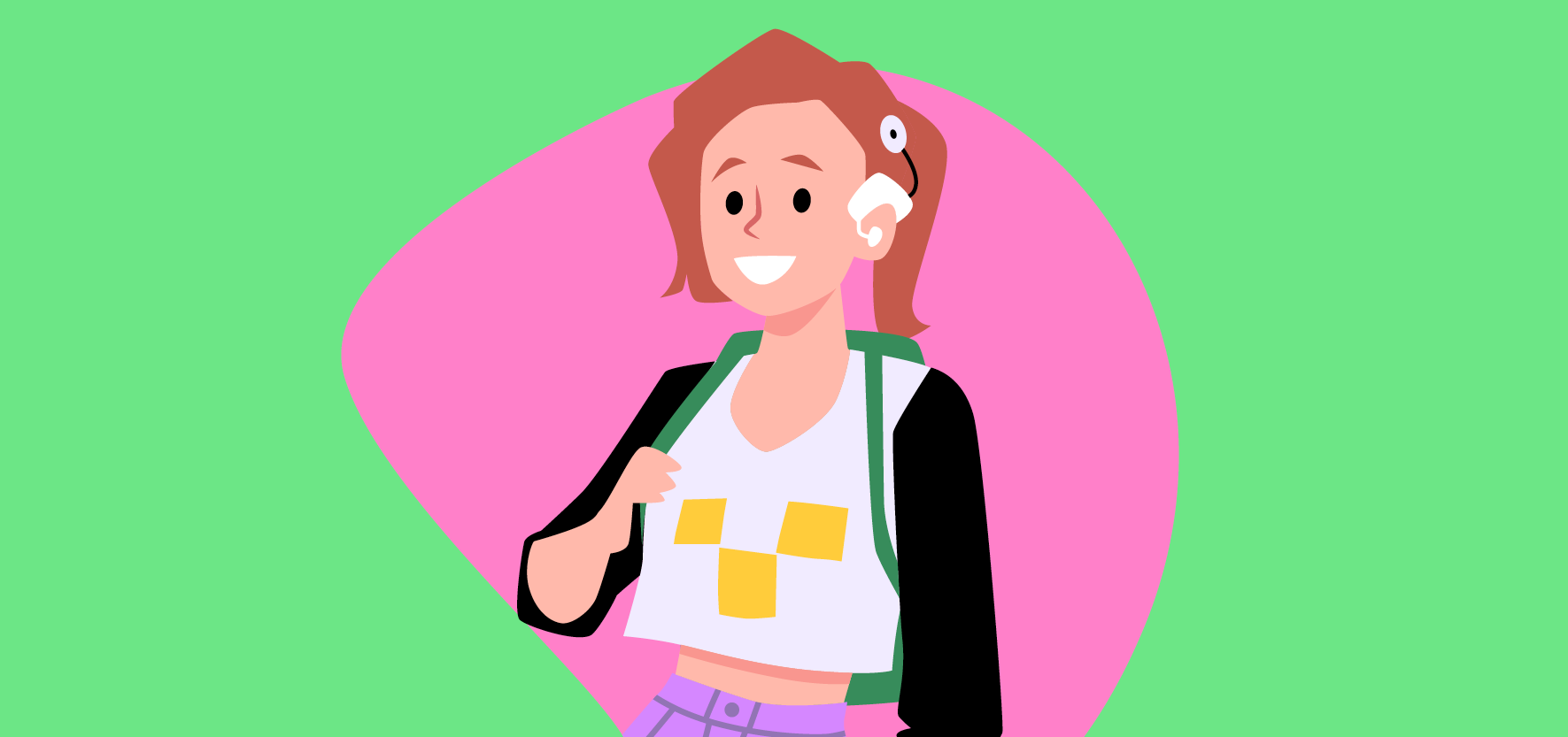 An illustration of a young woman wearing a backpack and cochlear implants