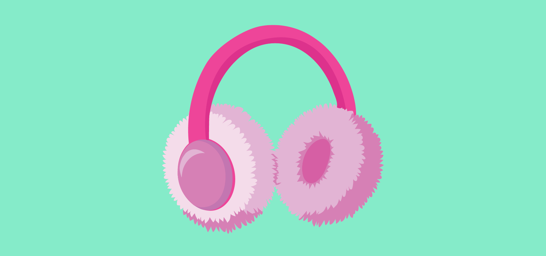 A pair of fluffy pink earmuffs with a matching pink headband set against a solid teal background